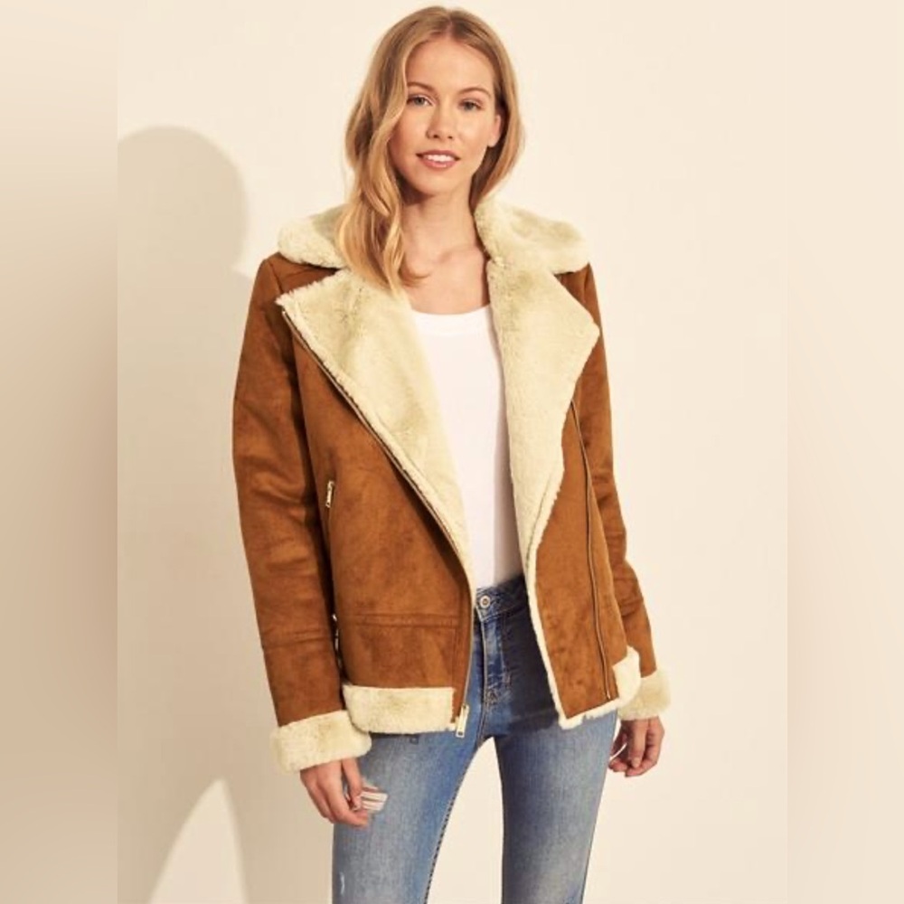 Hollister Camel-Colored Ladies' Faux Suede Faux Fur Moto Jacket, Size Small